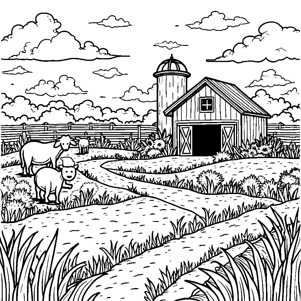 A peaceful farm with animals and crops