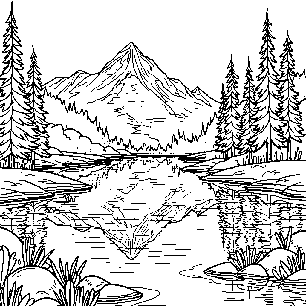 A peaceful lake reflecting the surrounding mountains