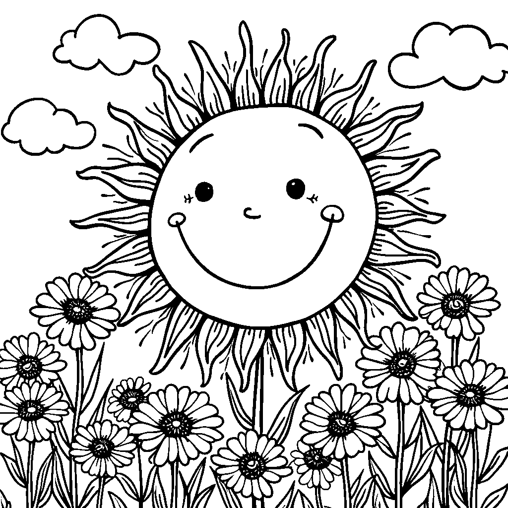 A smiling sun shining down on a field of daisies