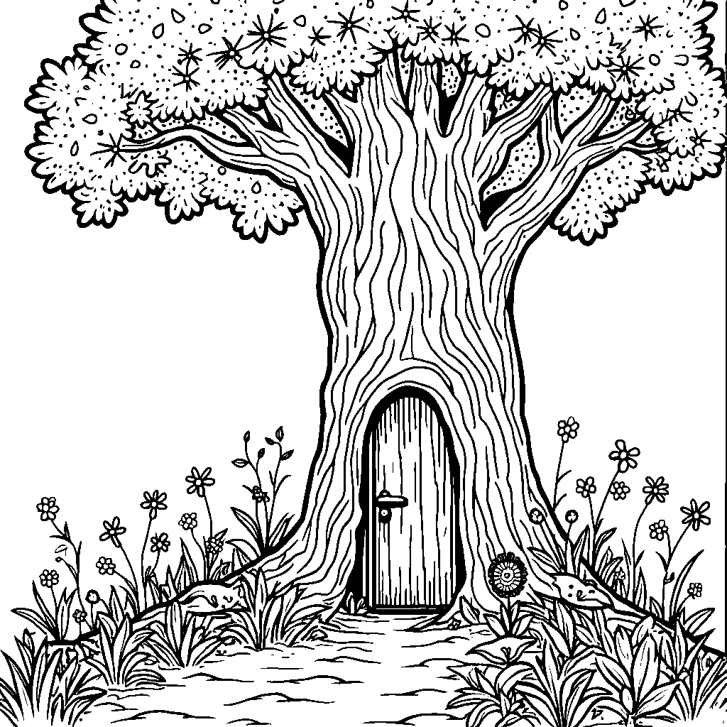 A tall, majestic tree with a door in its trunk