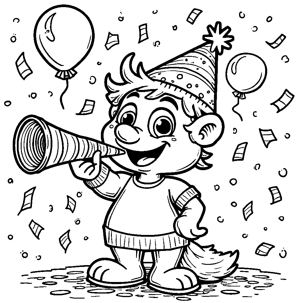 A cartoon character blowing a party horn