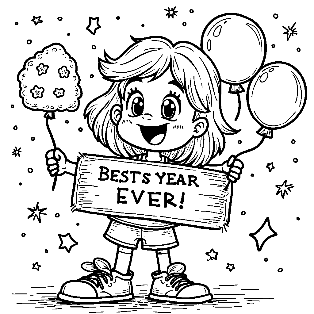 A cartoon character holding a 'Best Year Ever' sign