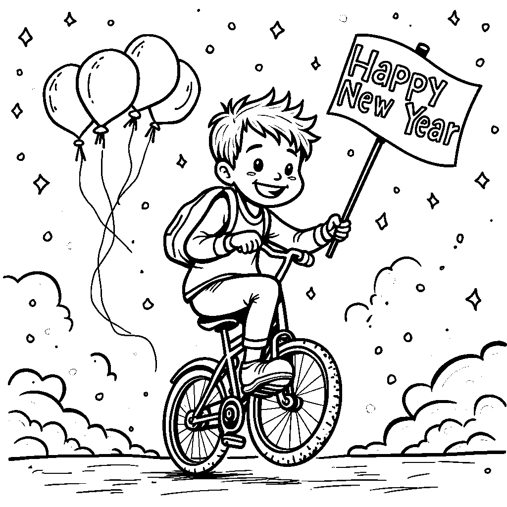 A cartoon character riding a unicycle with a 'Happy New Year' flag