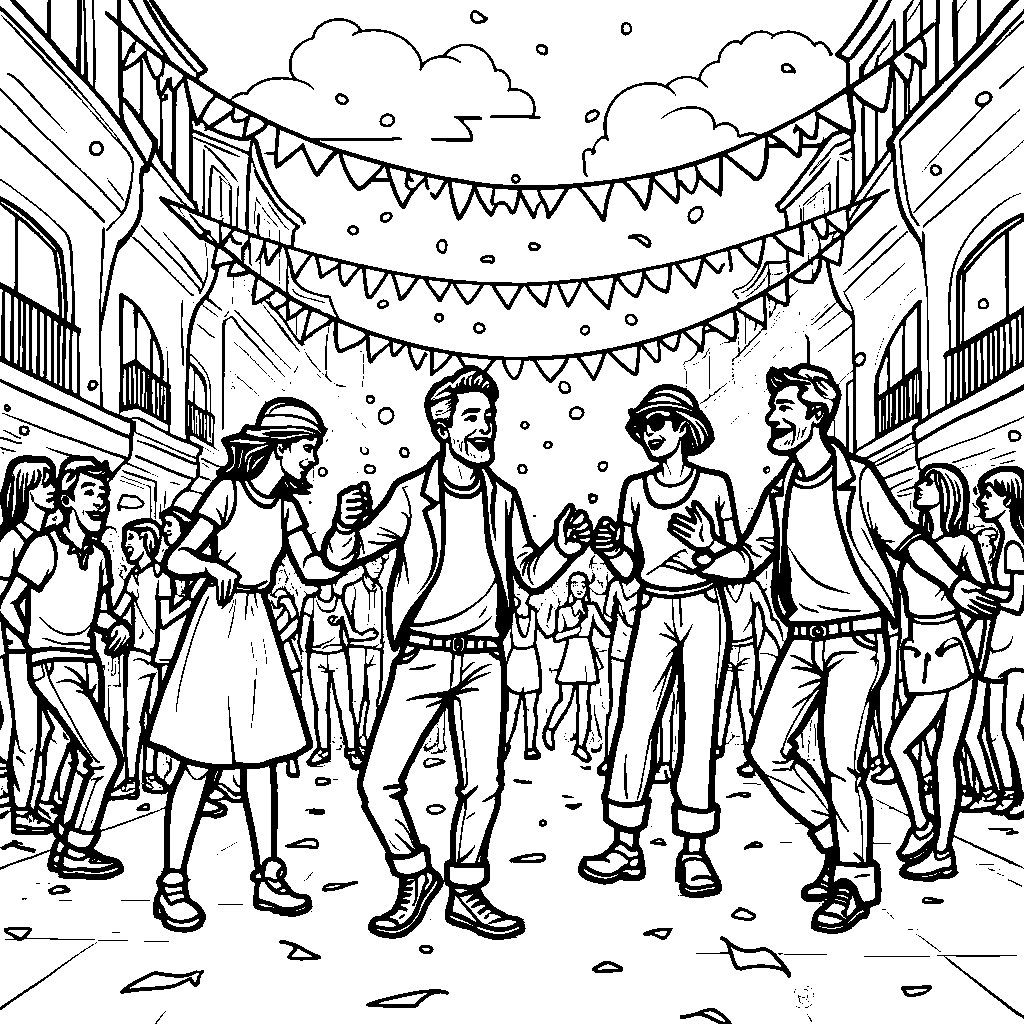 A festive street party with music and dancing