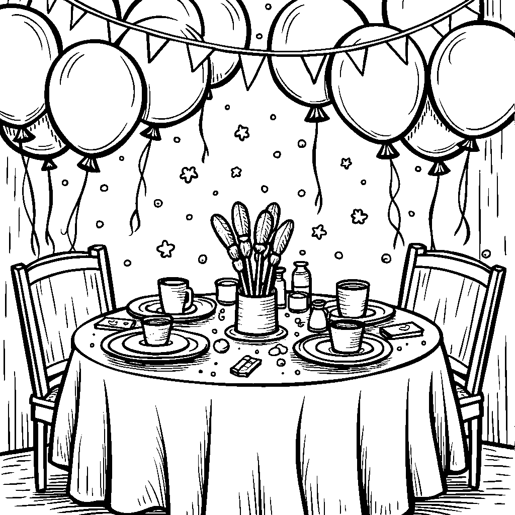 A festive table setting with balloons and streamers