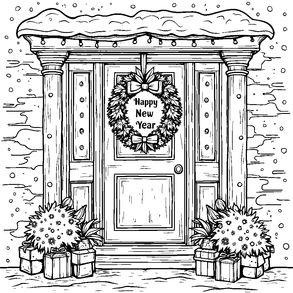 A festive wreath on a front door with a 'Happy New Year' sign