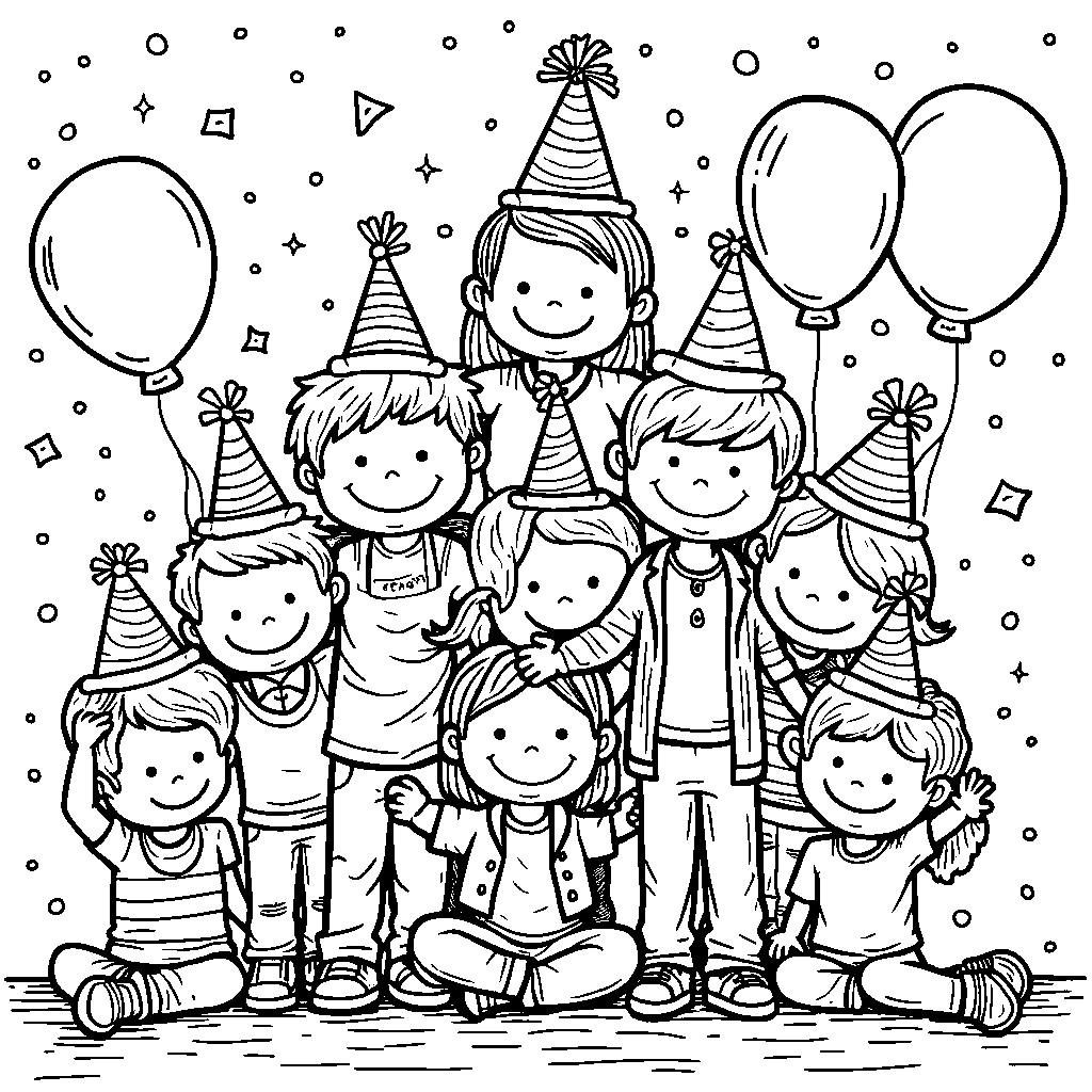 A group of kids making a human pyramid with party hats