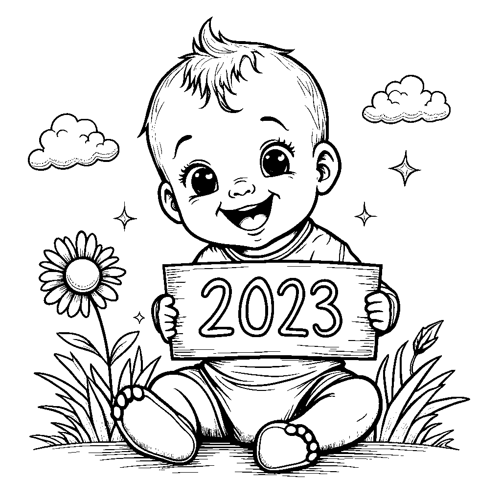 A baby in a onesie holding a sign that says '2023'