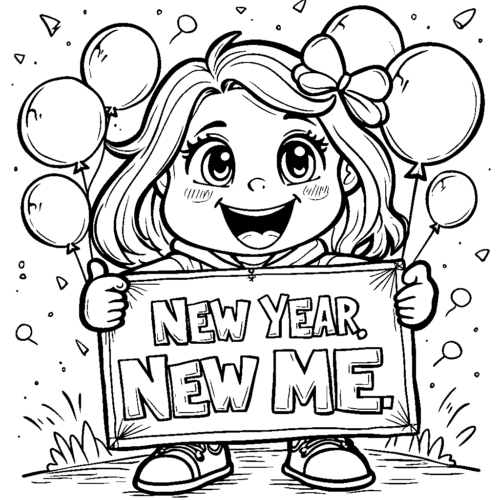 A cartoon character holding a 'New Year, New Me' sign