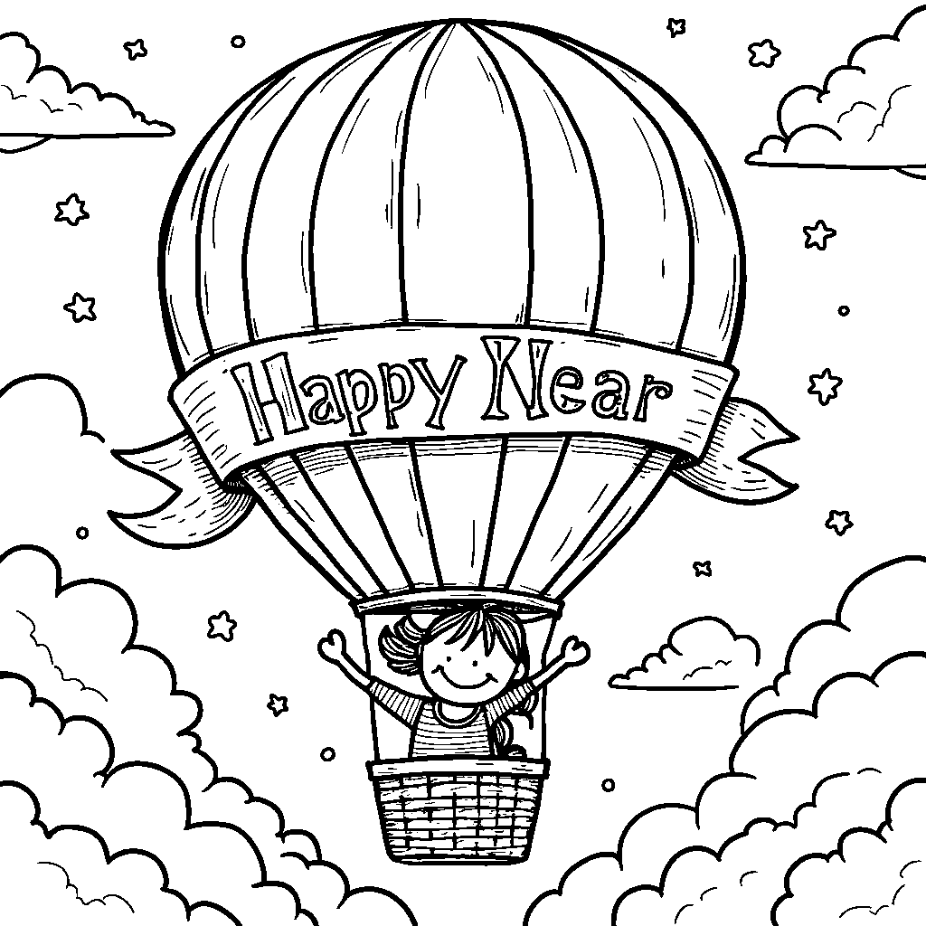 A cartoon character riding a hot air balloon with a 'Happy New Year' banner