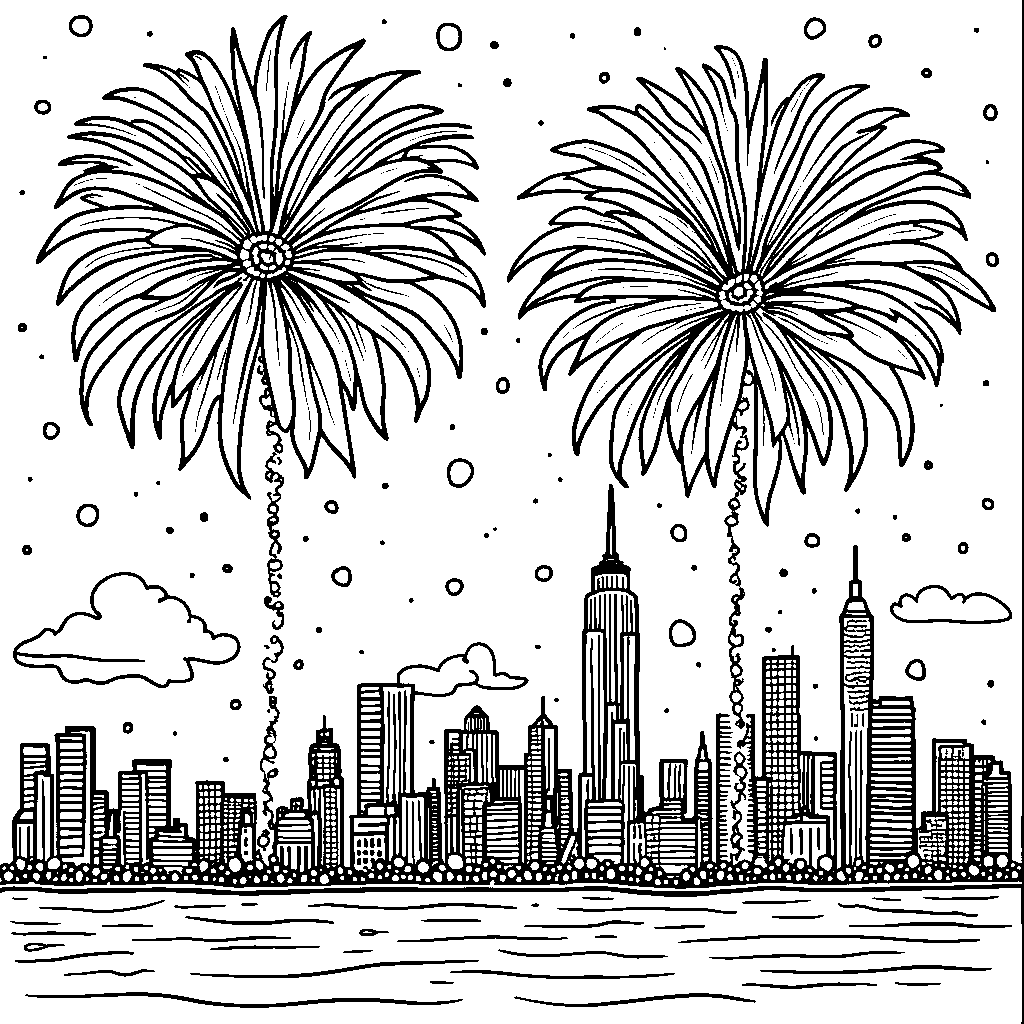 A fireworks display over a city skyline