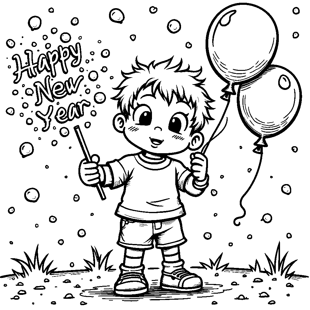 A kid blowing bubbles with a 'Happy New Year' wand