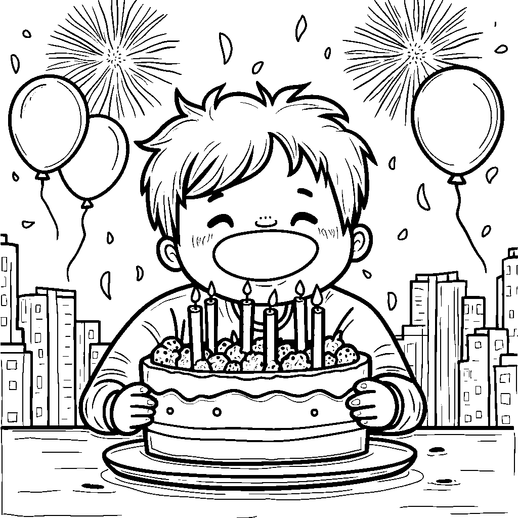 A kid blowing out candles on a New Year's Eve cake