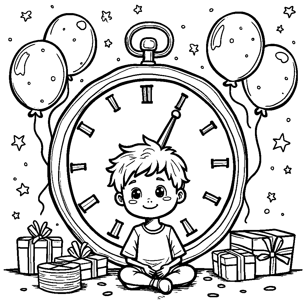 A kid counting down to midnight with a clock