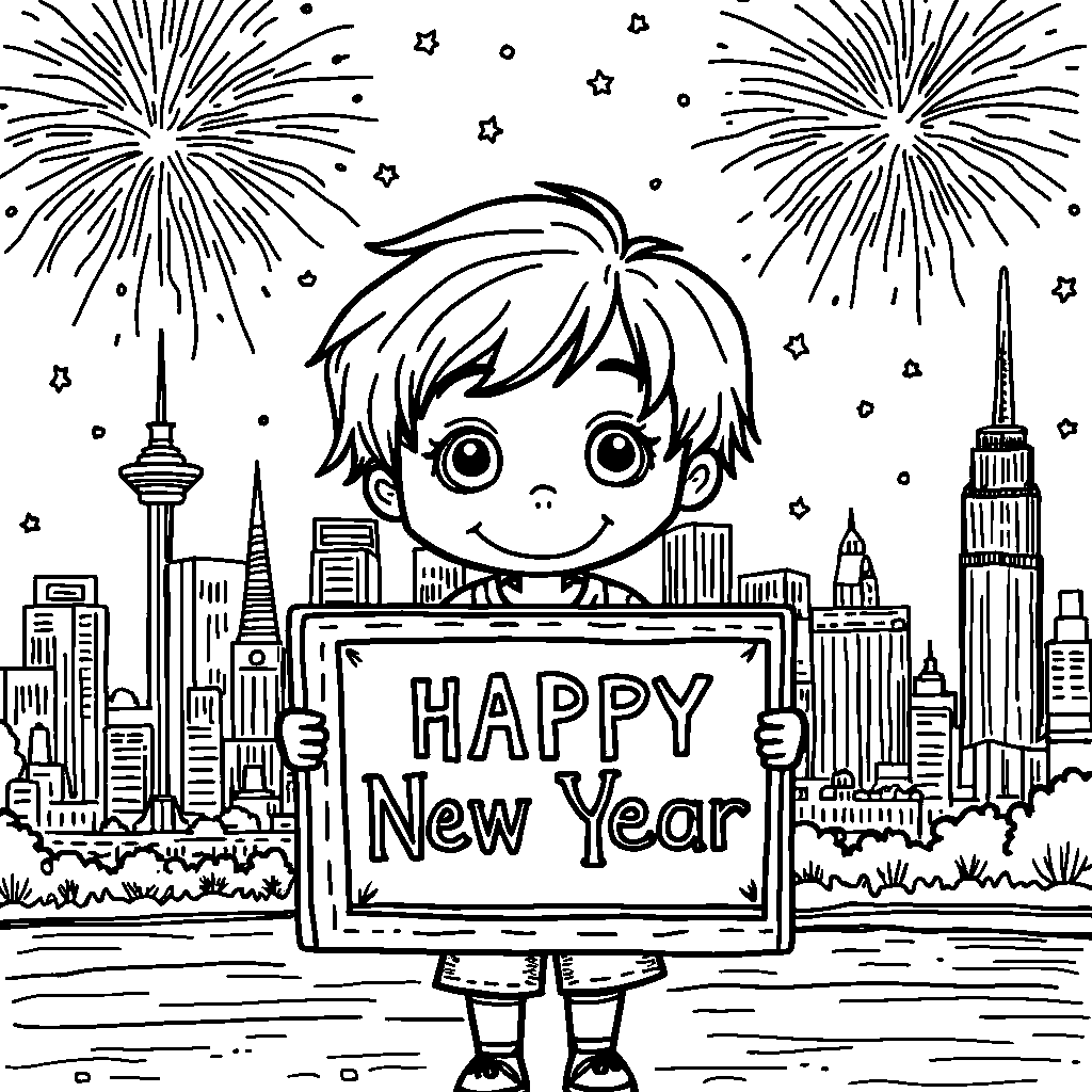 A kid holding a 'Happy New Year' sign in front of a city skyline