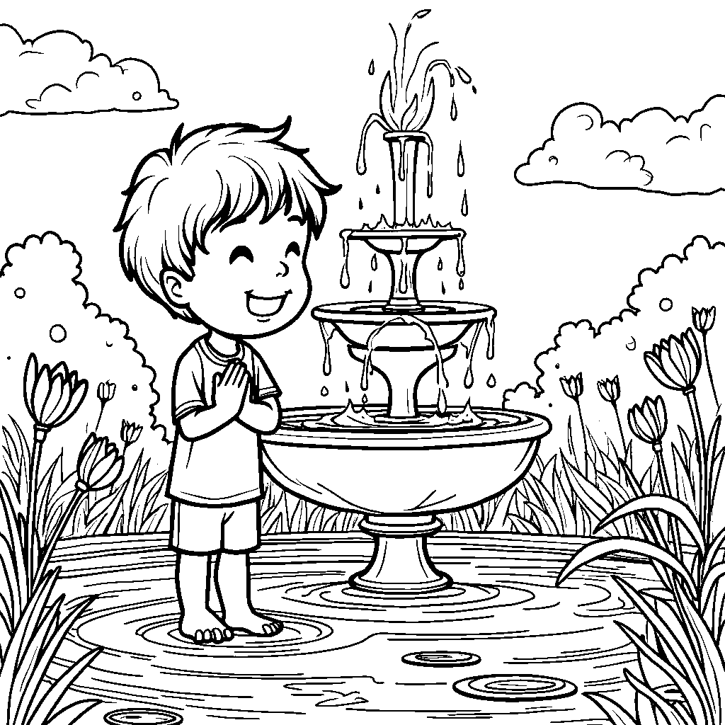 A kid making a wish at a sparkling fountain