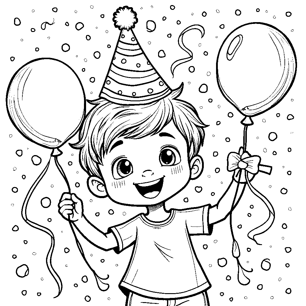 A kid playing with a noisemaker and party hat