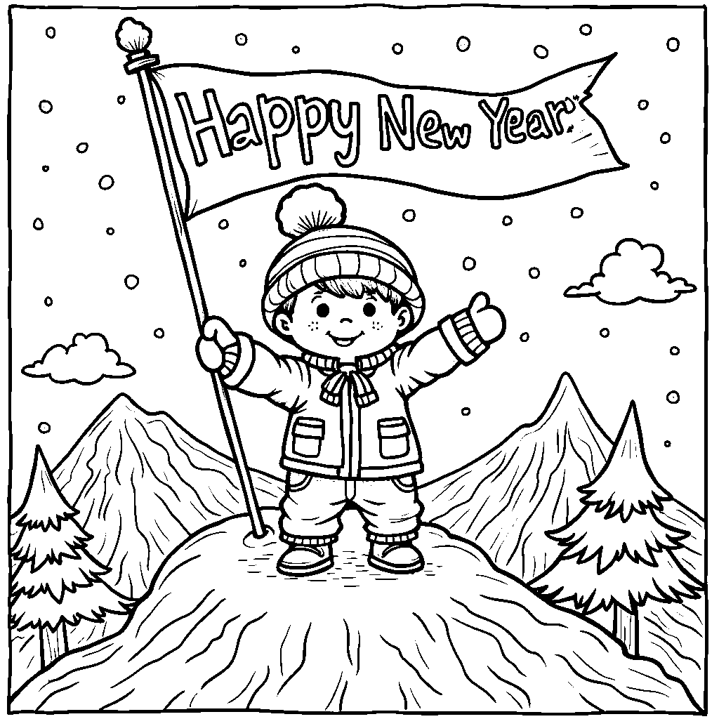 A kid waving a 'Happy New Year' flag on a mountaintop