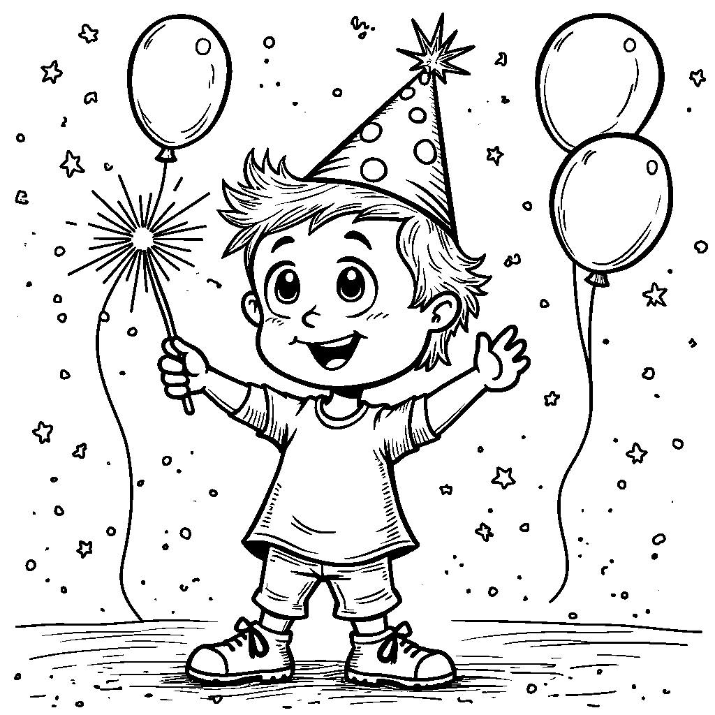 A kid wearing a party hat and holding a sparkler