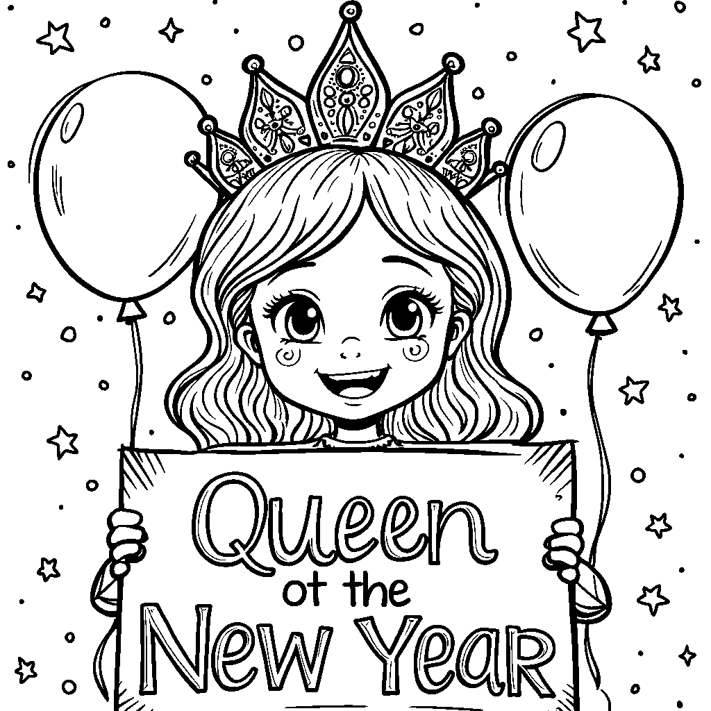 A kid wearing a tiara and holding a 'Queen of the New Year' sign