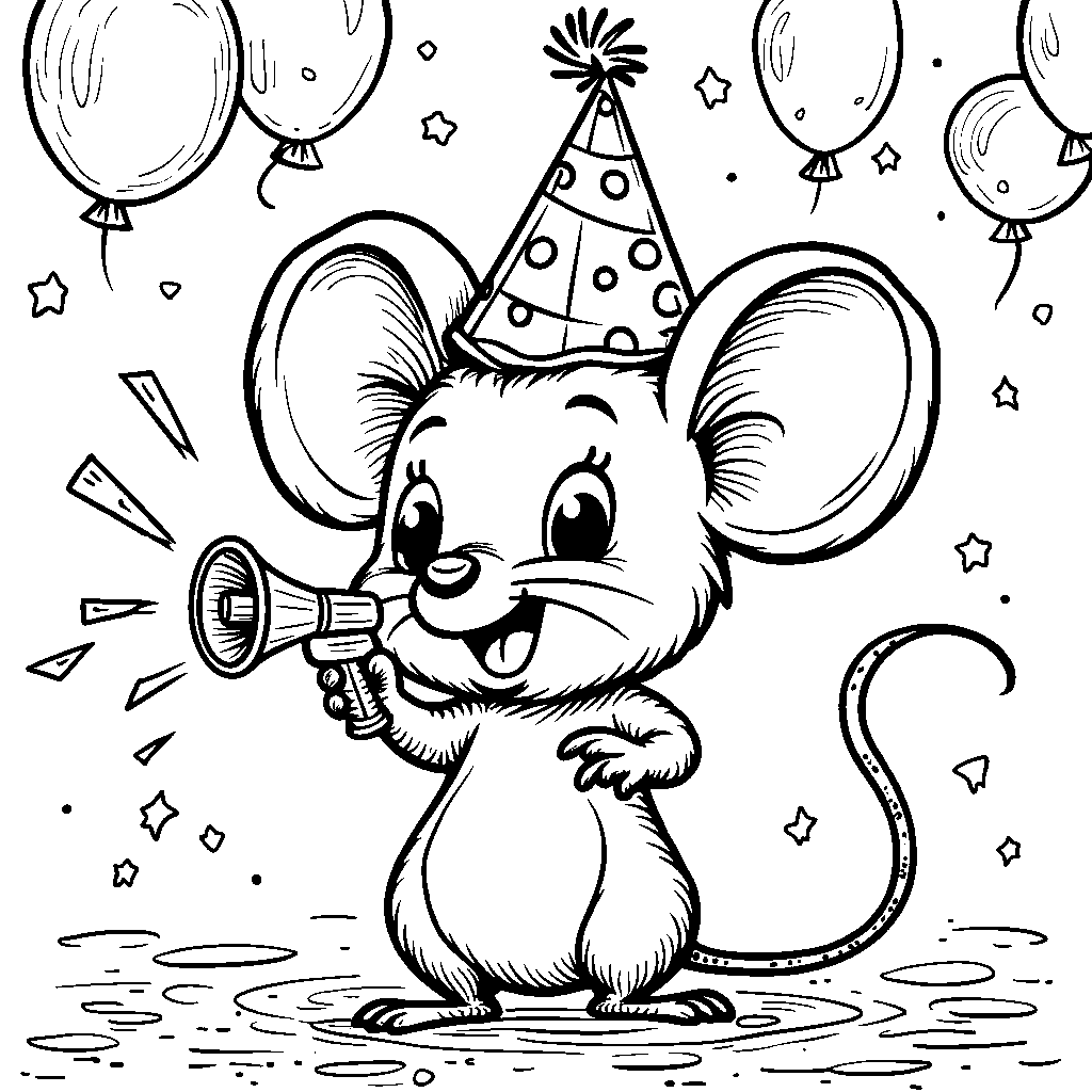 A party hat wearing cartoon mouse holding a noisemaker