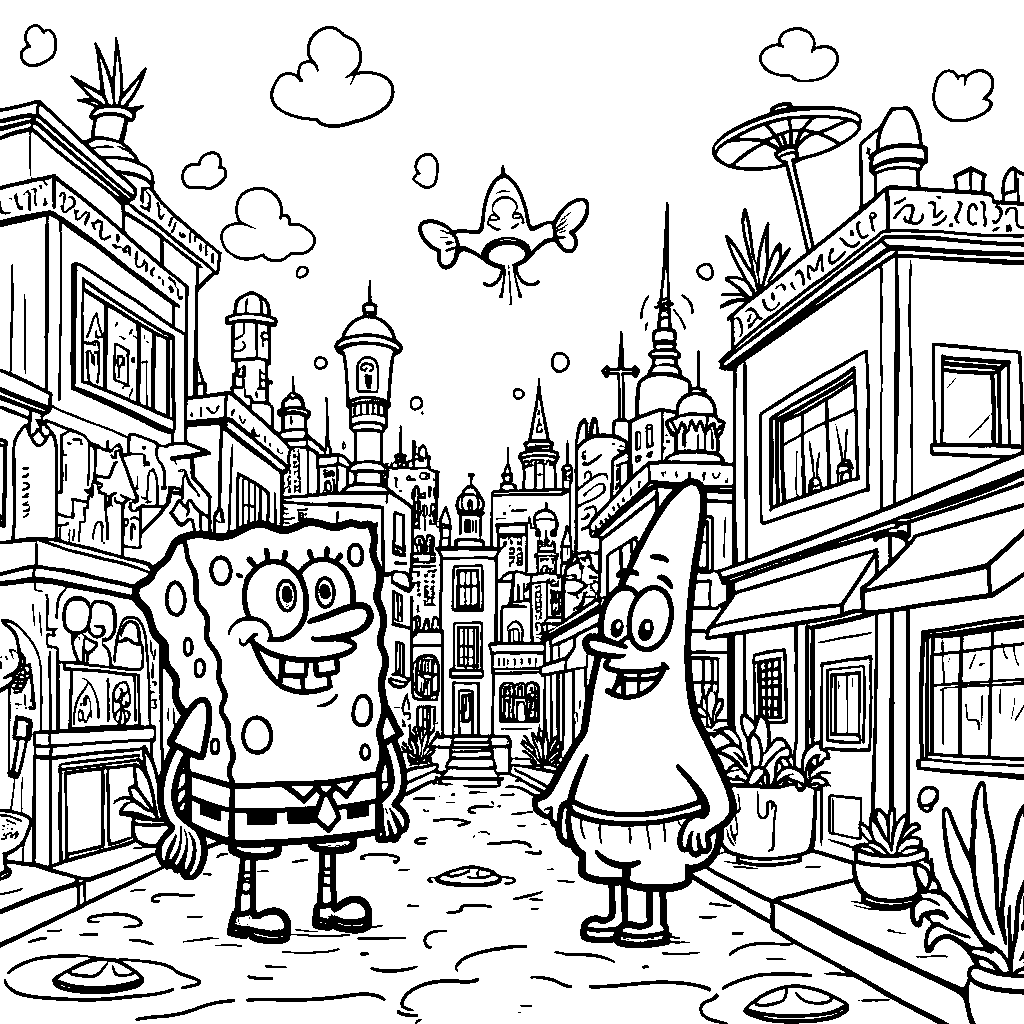 Bikini Bottom cityscape with all the main characters