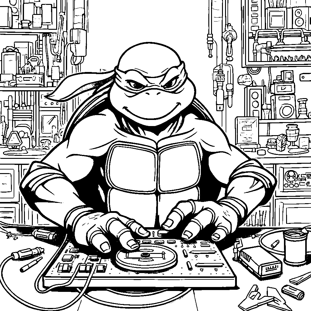 Donatello working on a new gadget in his lab