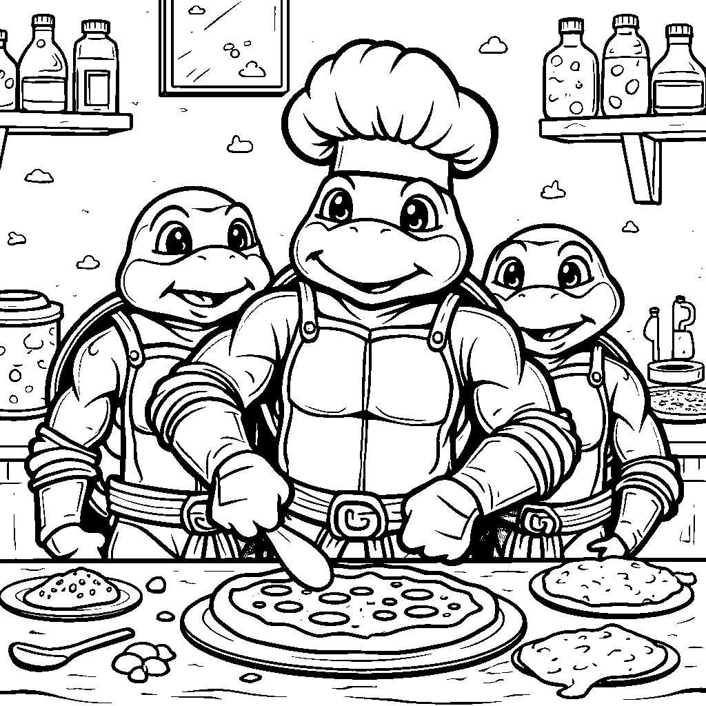 Michelangelo making pizza with his ninja friends