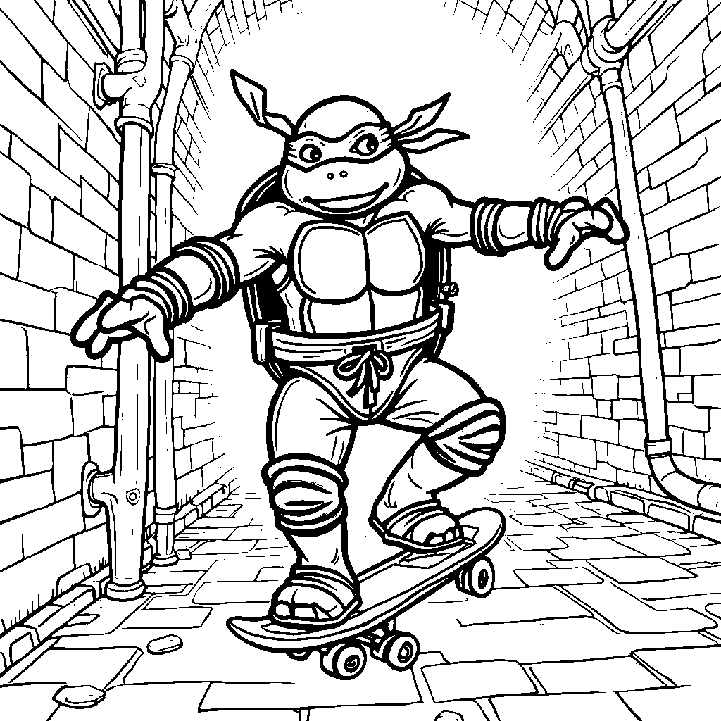 Raphael riding a skateboard through the sewers