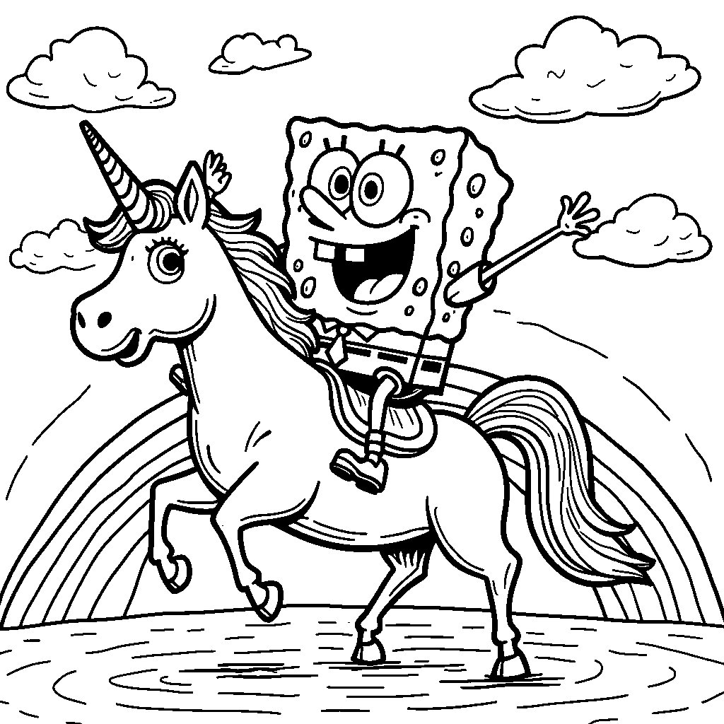 SpongeBob SquarePants riding a unicorn on a rainbow