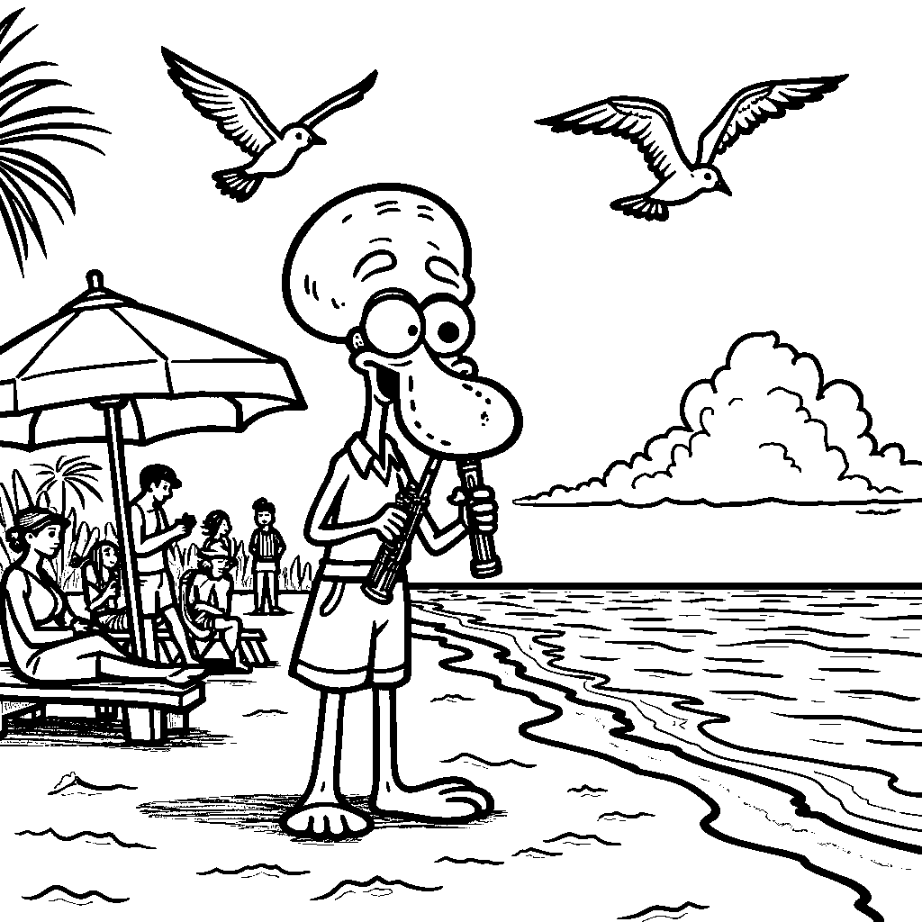 Squidward Tentacles playing a clarinet on the beach