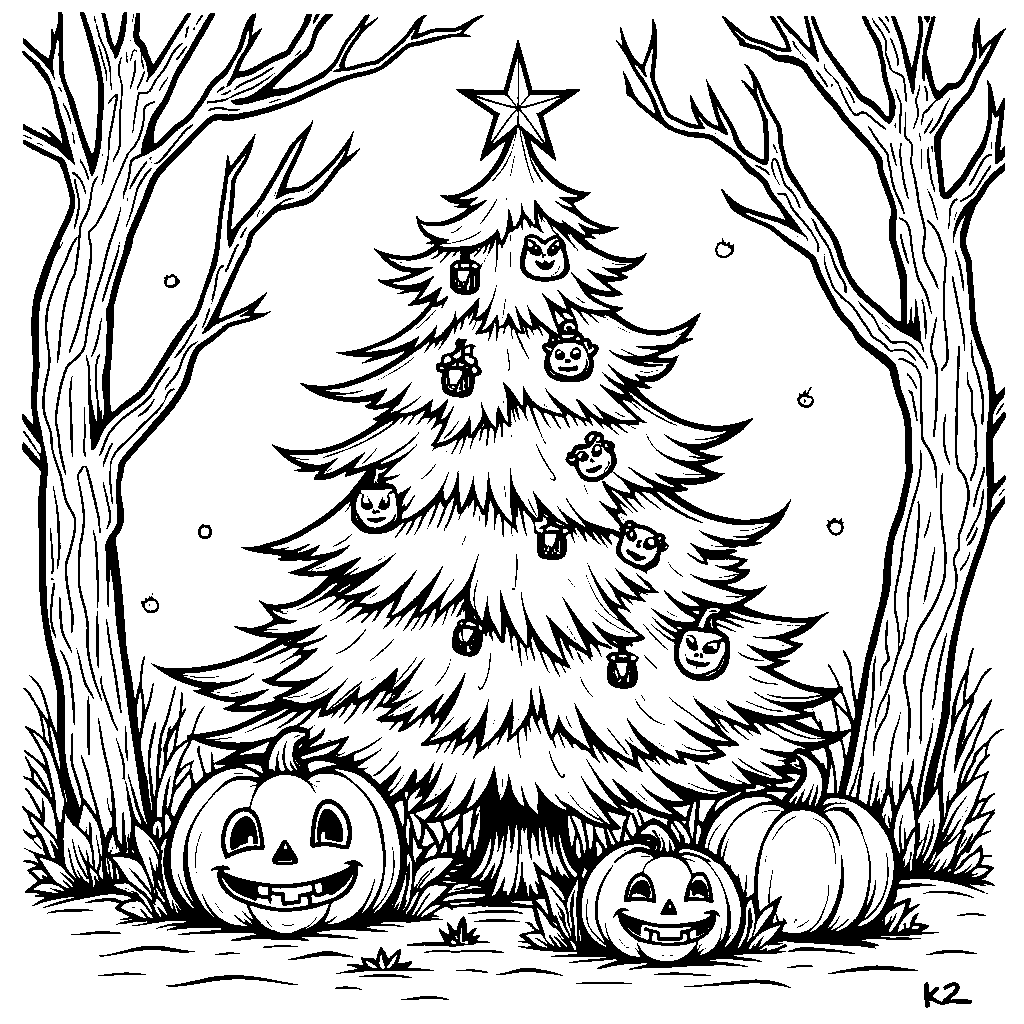 A Christmas tree decorated with jack-o-lanterns and cobwebs