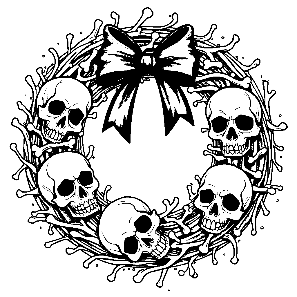 A festive holiday wreath made out of bones and skulls