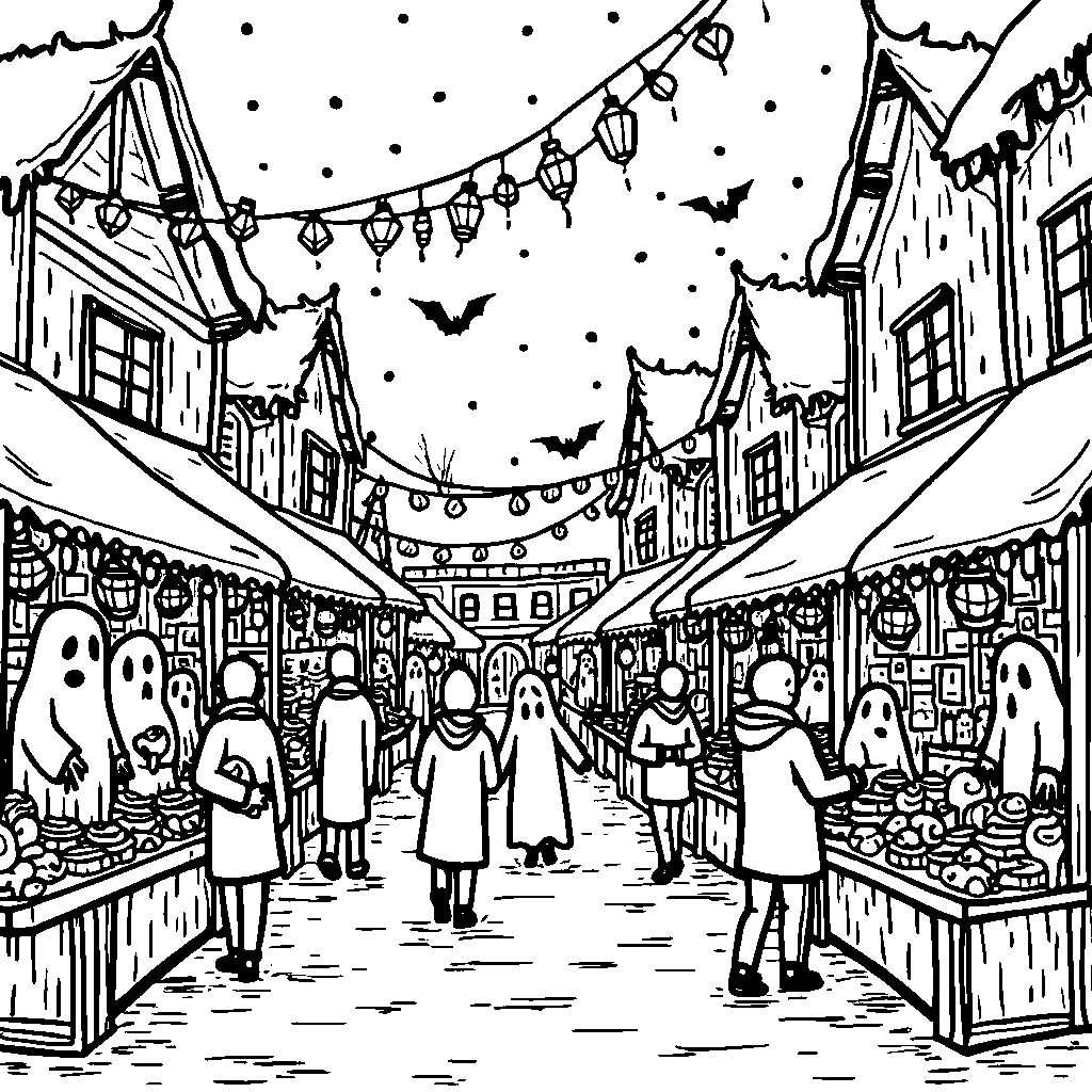 A ghostly festive holiday market with spooky vendors