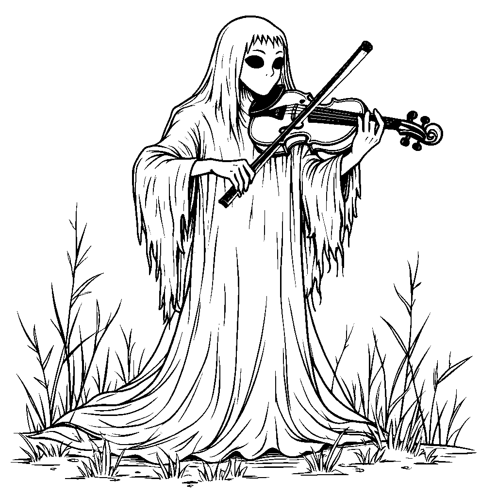 A ghostly figure playing a haunting melody on a violin