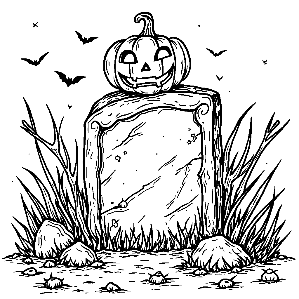 A gravestone with a jack-o-lantern on top