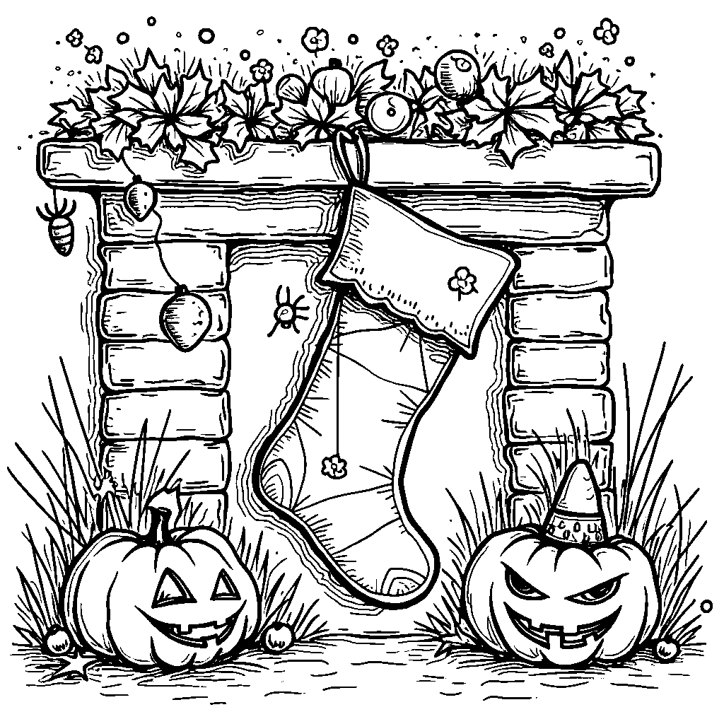 A Halloween-themed Christmas stocking hung by the chimney