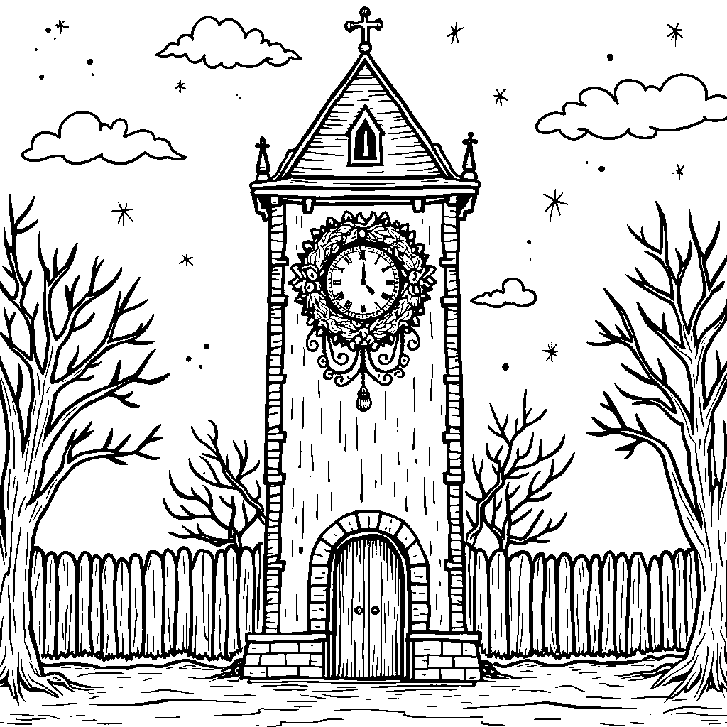 A haunted clock tower with a festive holiday face