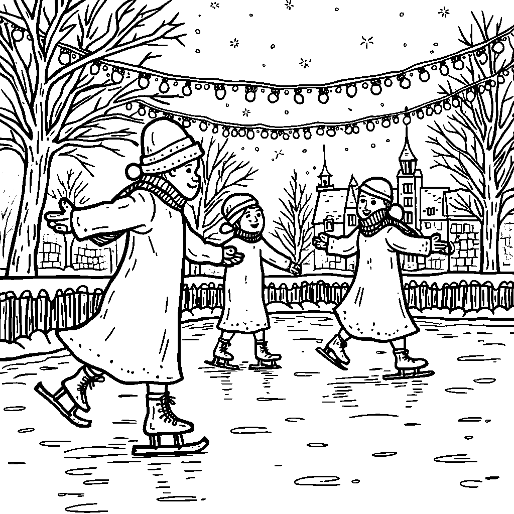 A haunted festive holiday ice skating rink with ghostly skaters