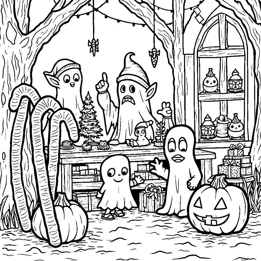 A haunted festive holiday toy workshop with ghostly toys