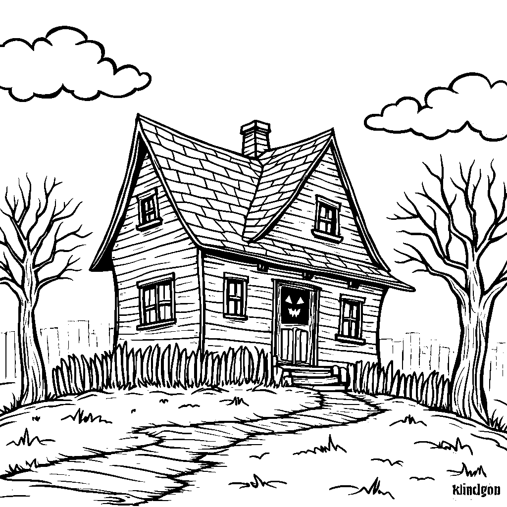 A haunted house with glowing eyes and a crooked roof