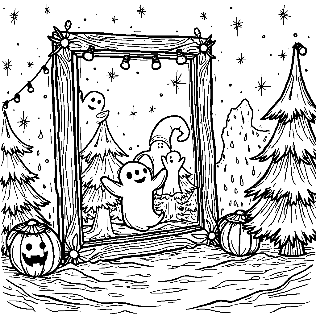 A haunted mirror reflecting a festive holiday scene