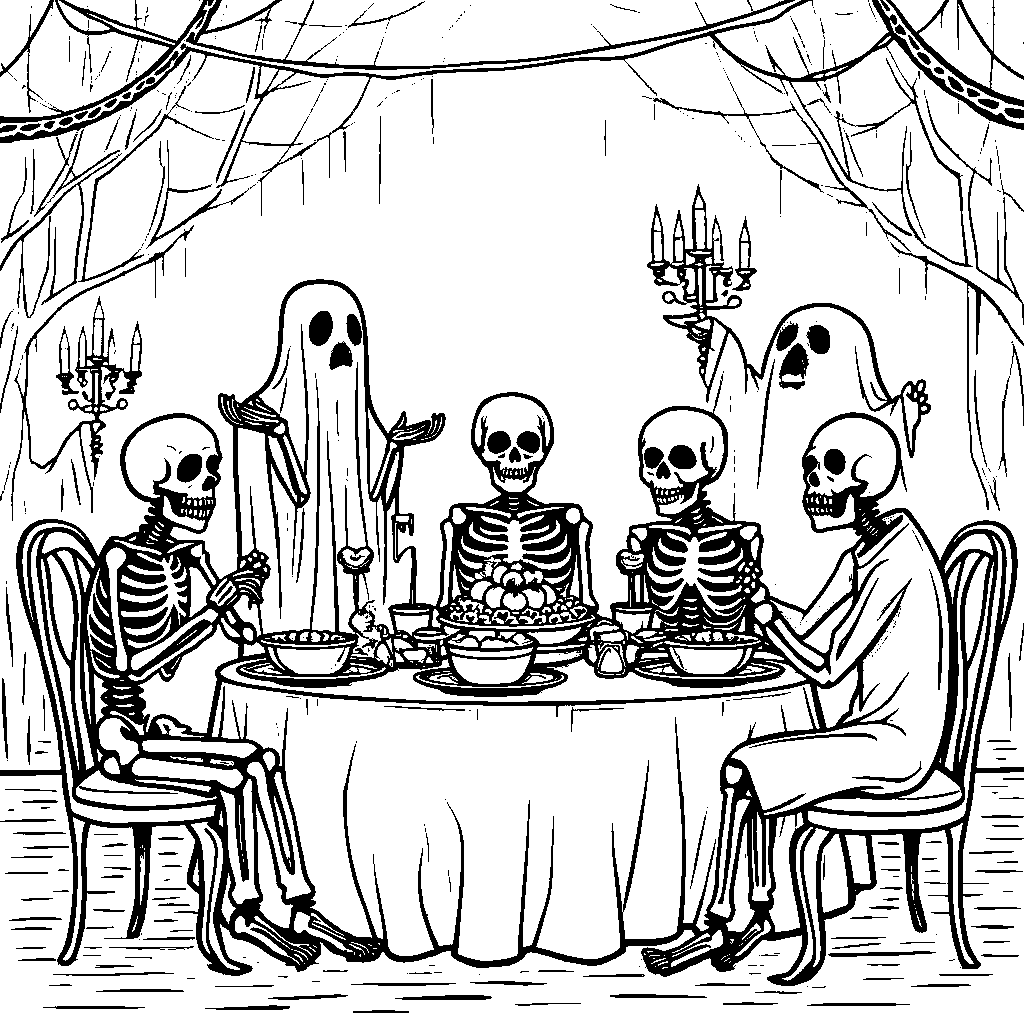 A spooky festive holiday feast with skeletons and ghosts