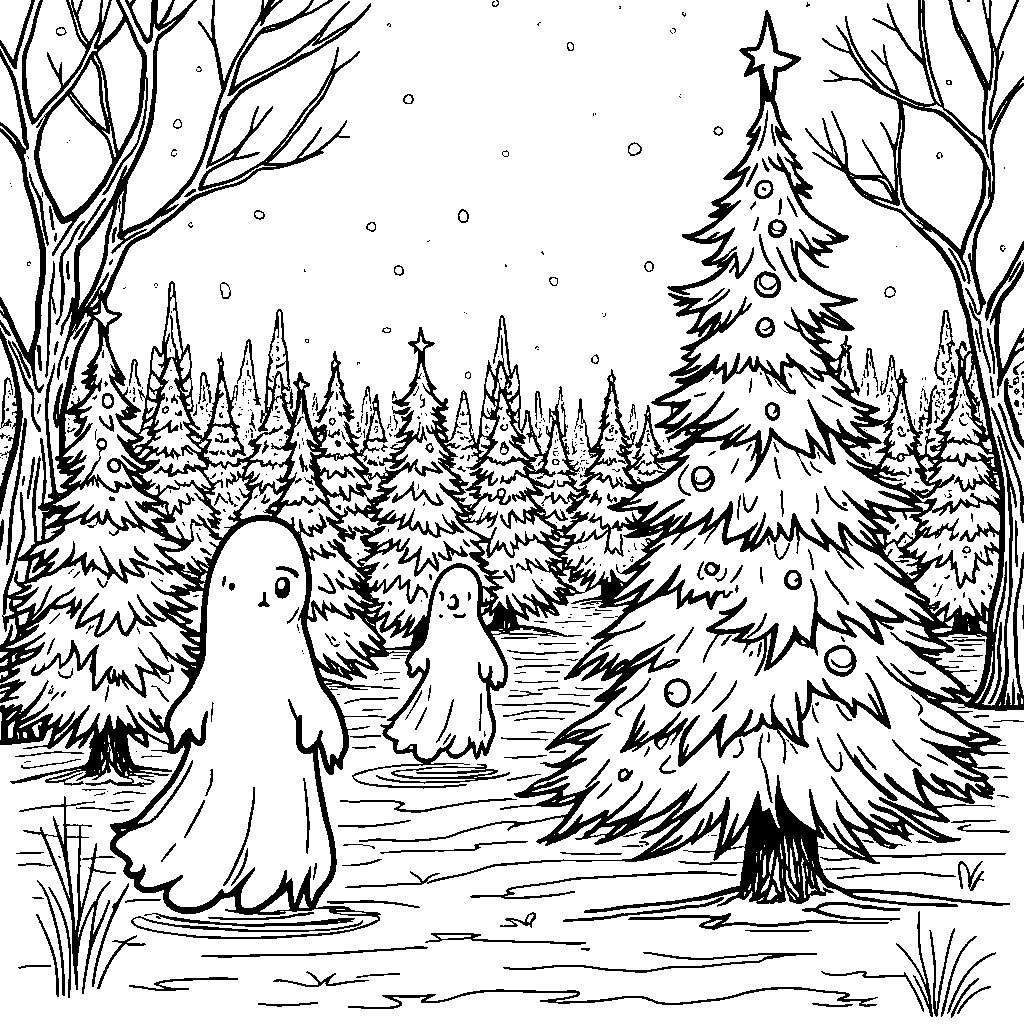 A spooky festive holiday tree farm with ghostly trees