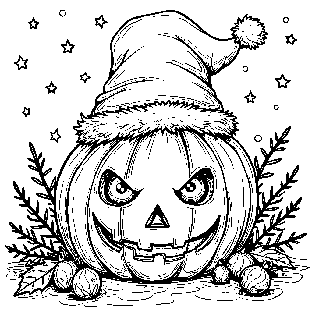 A jack-o-lantern wearing a Santa hat and beard