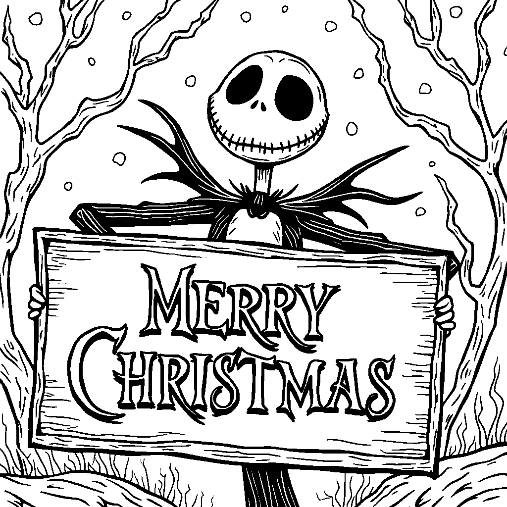 Jack Skellington holding a sign that says 'Merry Christmas'