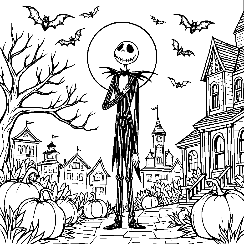 Jack Skellington standing in front of a spooky Halloween town background