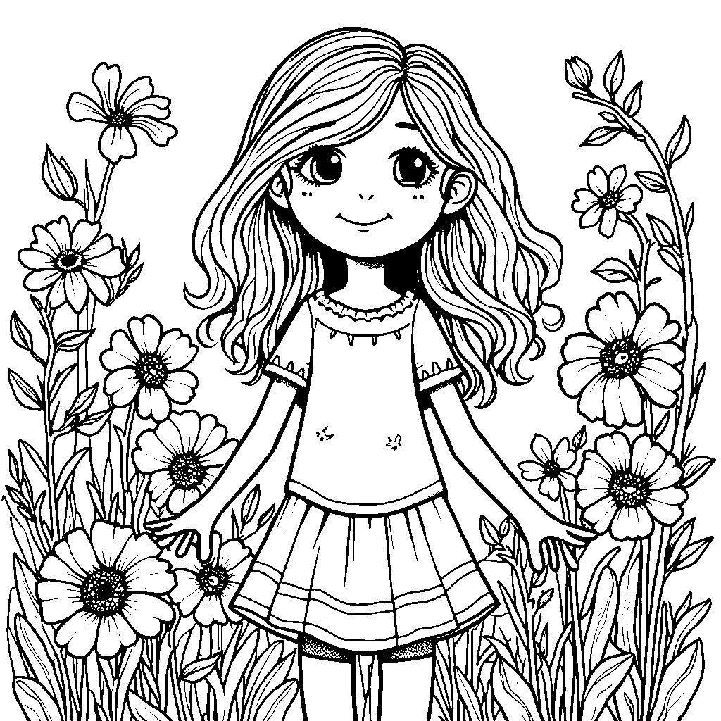 Sally surrounded by patchwork flowers and vines