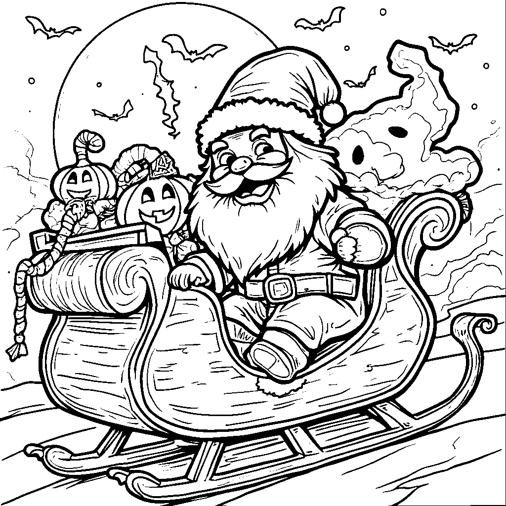 Santa Claus in a Halloween costume riding a sleigh