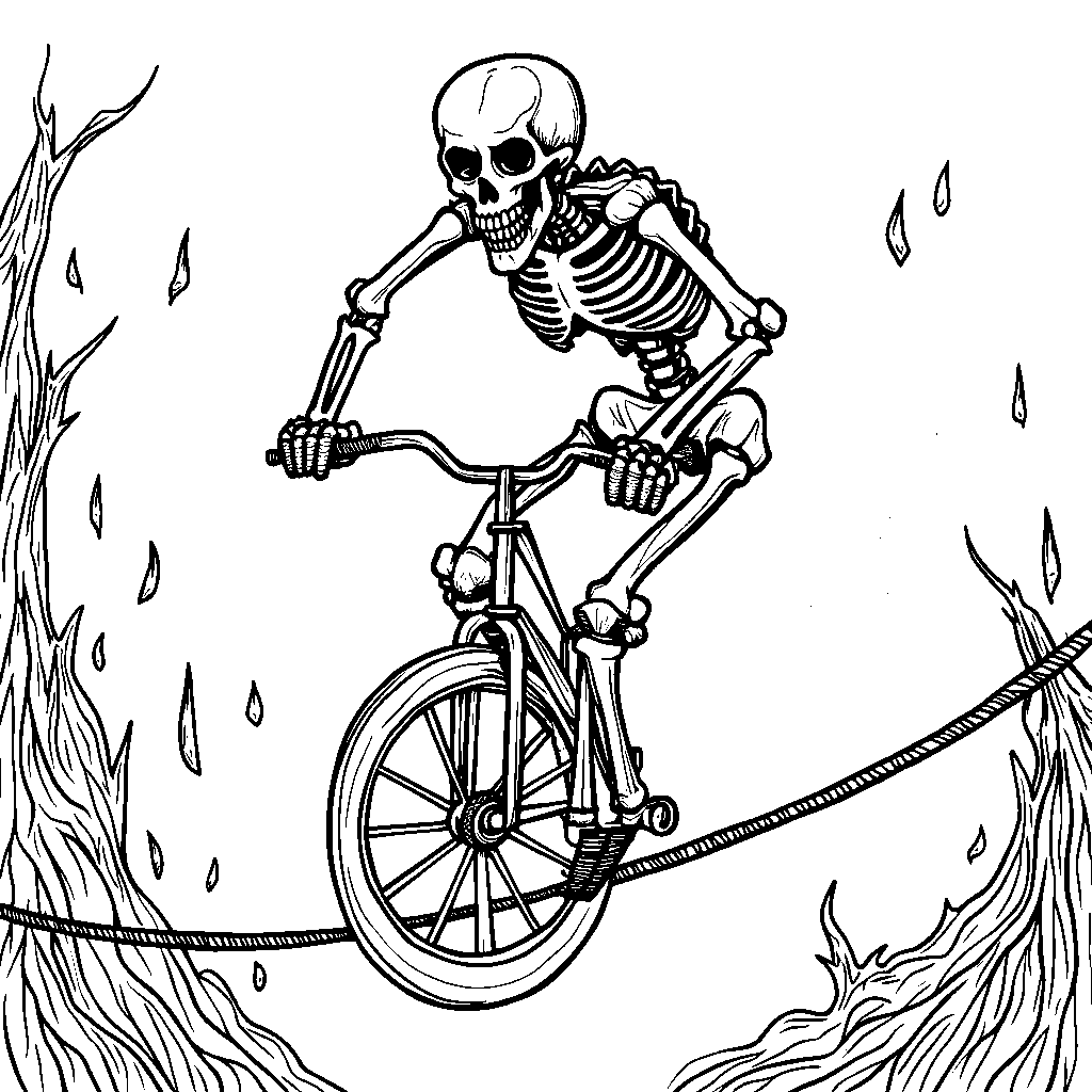 A skeleton riding a unicycle on a tightrope